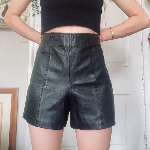 Vintage 80s Black Leather High Waisted Shorts - Picture 1 of 3